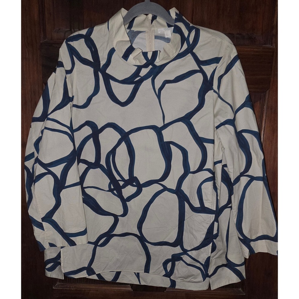 COS Womens Abstract Geometric Print Mock Neck Blouse Cream Navy Blue Size 8